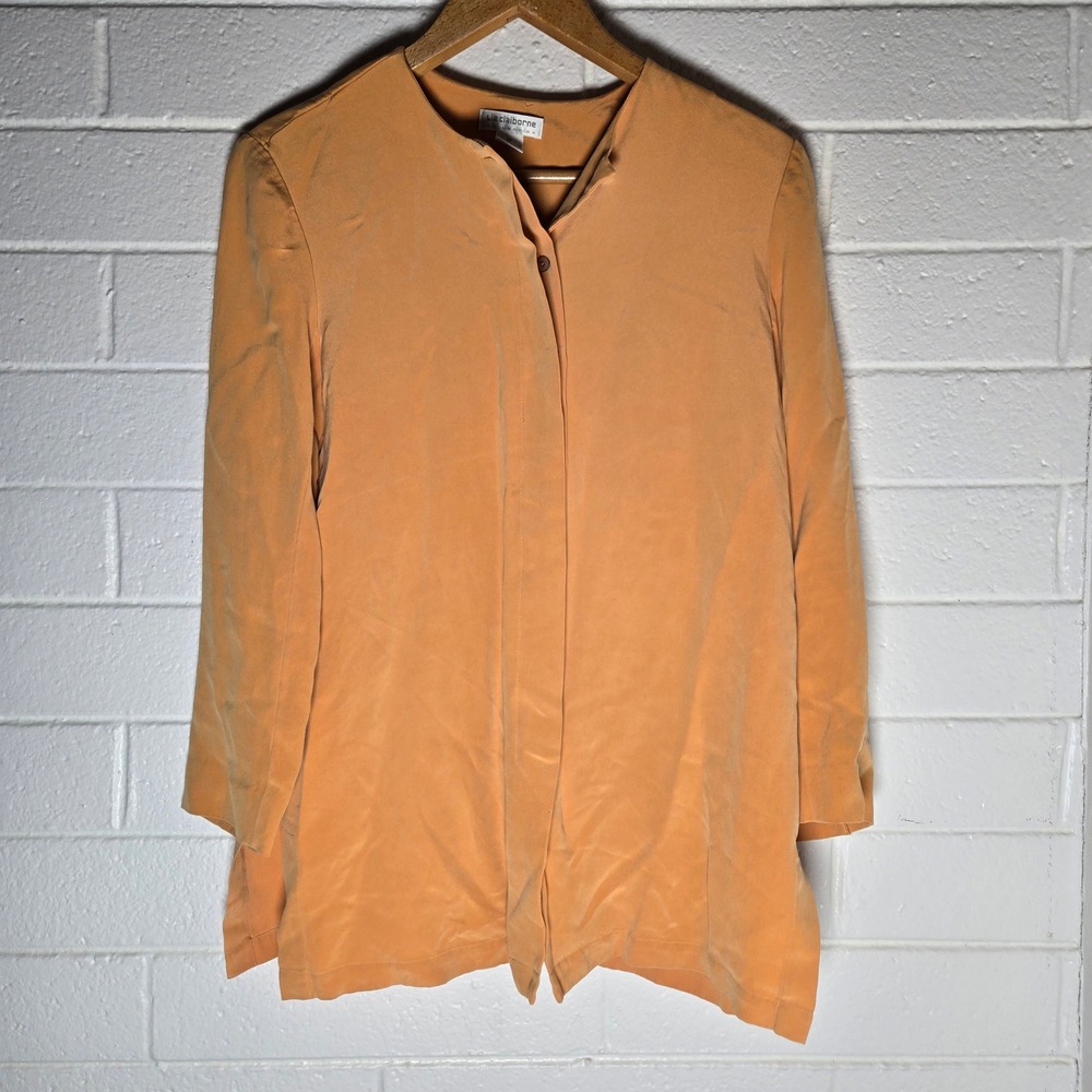 Liz Claiborne Collection Silk Blouse 14 Orange Button Front Minimalist Old Money